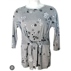 Liz Claiborne Sweater Sz MedGray Floral Blouse Tie in Front 3/4 Sleeve Boat Neck